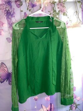 SHEIN Emerald Green Sheer Polka-Dot Sleeve Tie-Neck Blouse